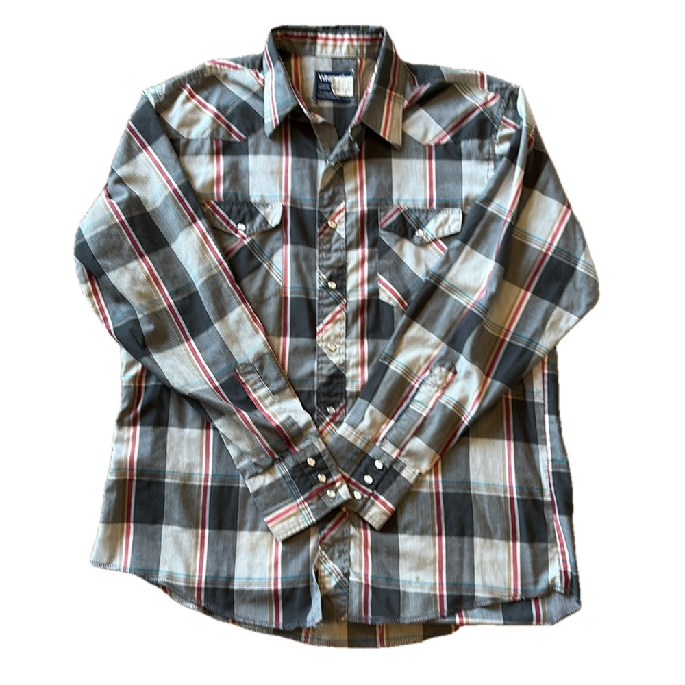 Wrangler Mens X-Long 17/35 Vintage Grey & Red Plaid Button Down Western Shirt